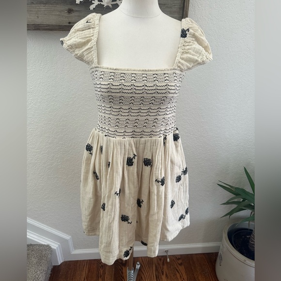 Free People Dresses & Skirts - Free People Tory Cream Smocked Mini Dress with Black Floral Embroidery L NWT